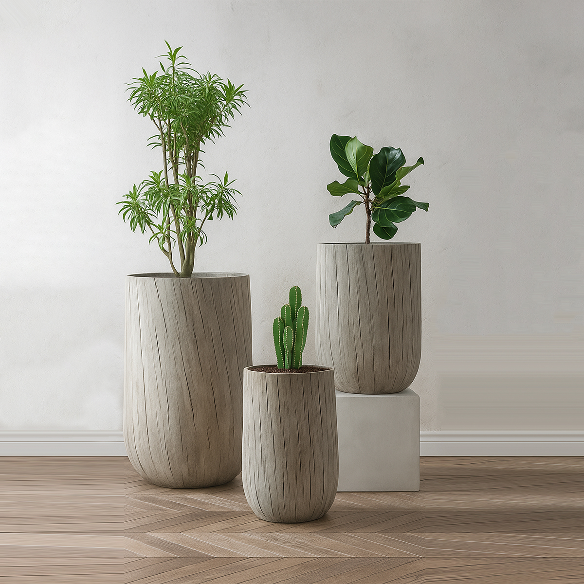 Ghivece din Fibra de Sticla 2HOME, Lily– Marble crem(Set de 3)